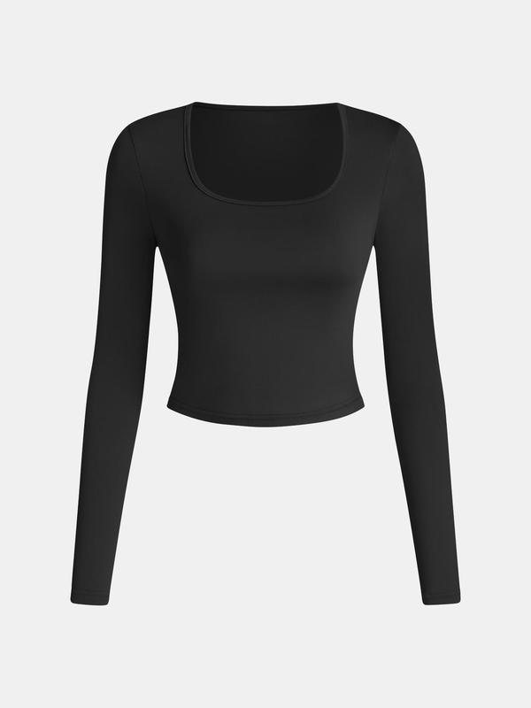 YOZY 1 2 Counts Women's Plain Square Neck Long Sleeve Crop Tee, Casual Solid T-Shirt for Spring & Fall, Fall Tops, Women's Top for Daily Wear