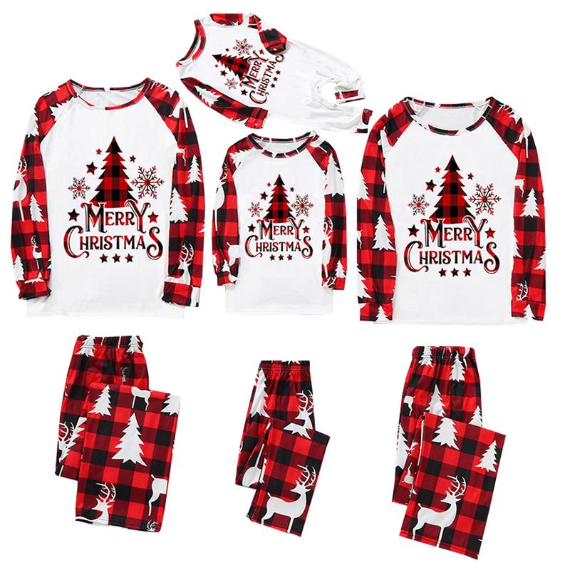 Matching Christmas Pajamas For Family, Long Sleeve Round Neck Tree Print Tops+ Trousers Suit  Infants Romper