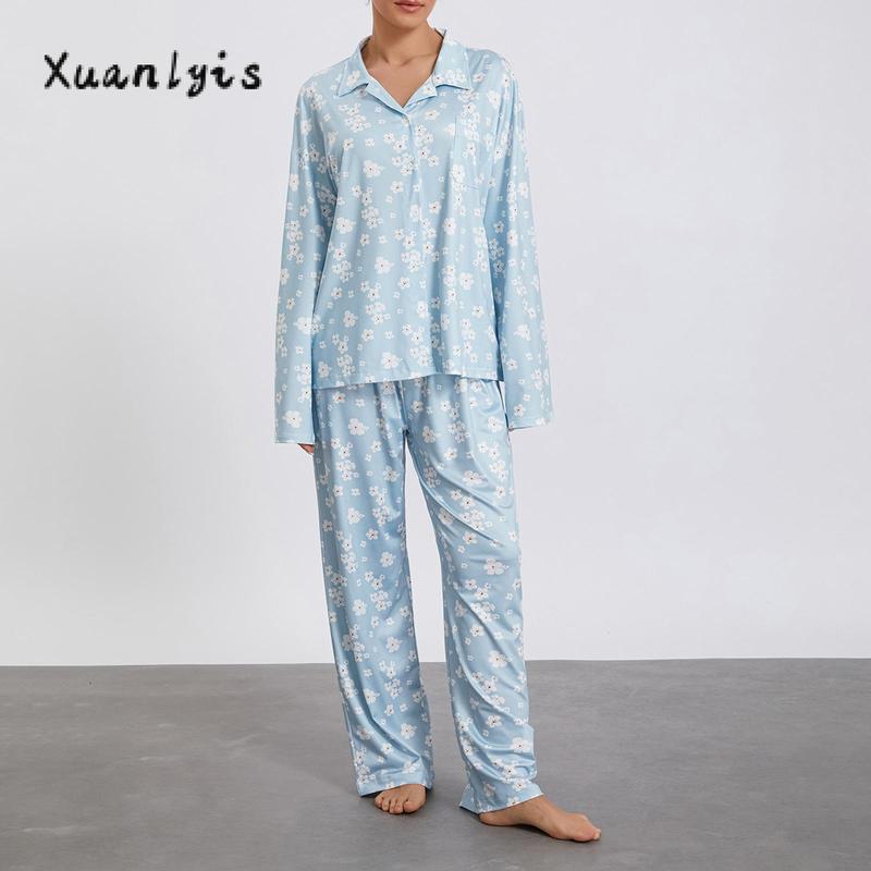 Women Pajamas Lounge Set Strawberry Print Turn-Down Collar Long Sleeve Shirts Tops and Pants 2 Piece Loungewear Outfits Nightwear Womenswear Check Light