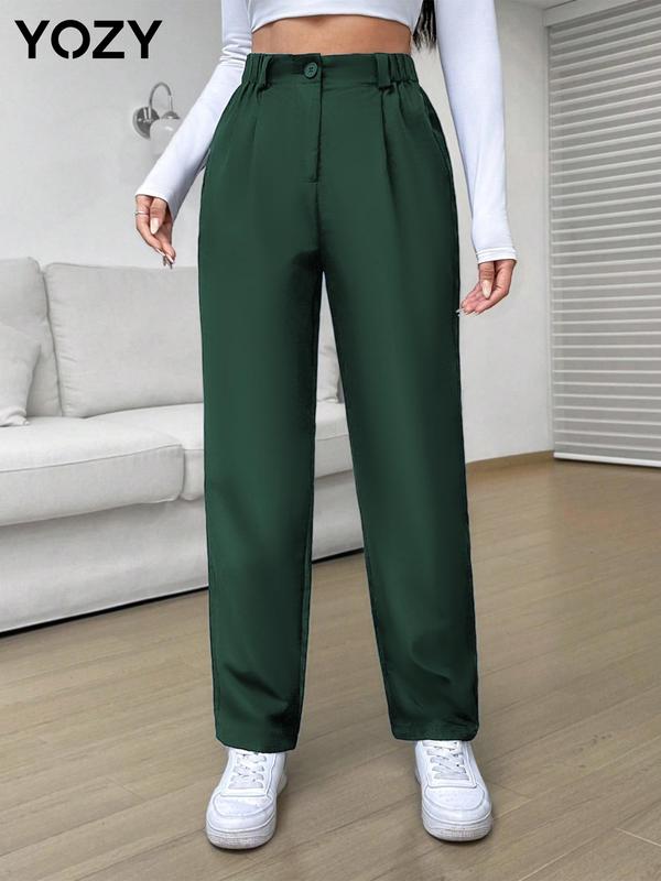 YOZY [Size 4-14] Solid Button Pleated Straight Leg Pants  Casual Elastic Waist Trousers, 2024 Women's All Seasons Outfits for Daily Outdoor Wear, [S-XXL]