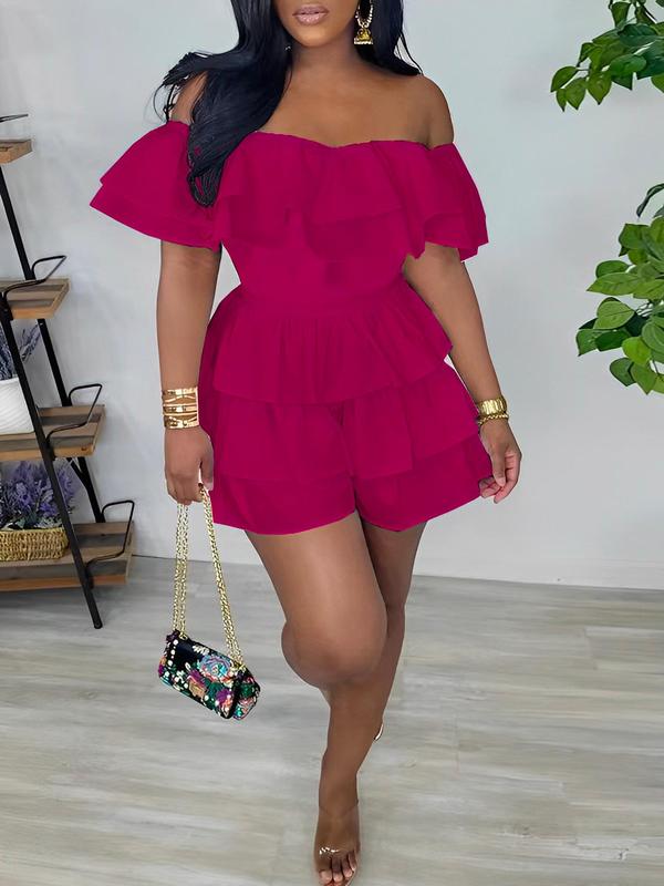 Women's Plain Tiered Layer Ruffle Off Shoulder Romper, Back To School Casual Shirred Waist Romper for Summer, Women's Clothes for Daily Wear, Summer Outfits 2024