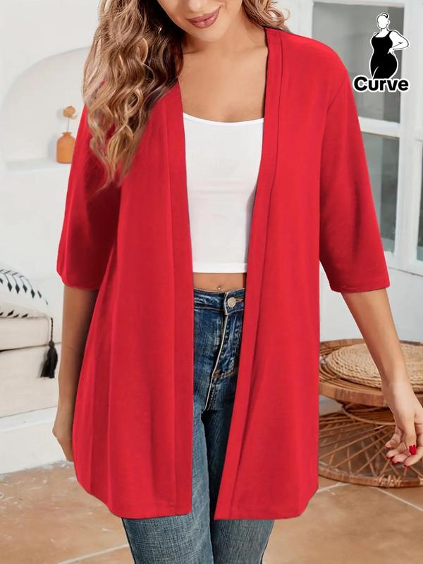 Plus Size Women's Solid Color Drop Shoulder Open Front Cardigan, Plus Casual Fashionable Half Sleeve Outerwear for Daily Outdoor Wear, Women Plus Clothing for All Seasons, Plus Size Women's Clothing