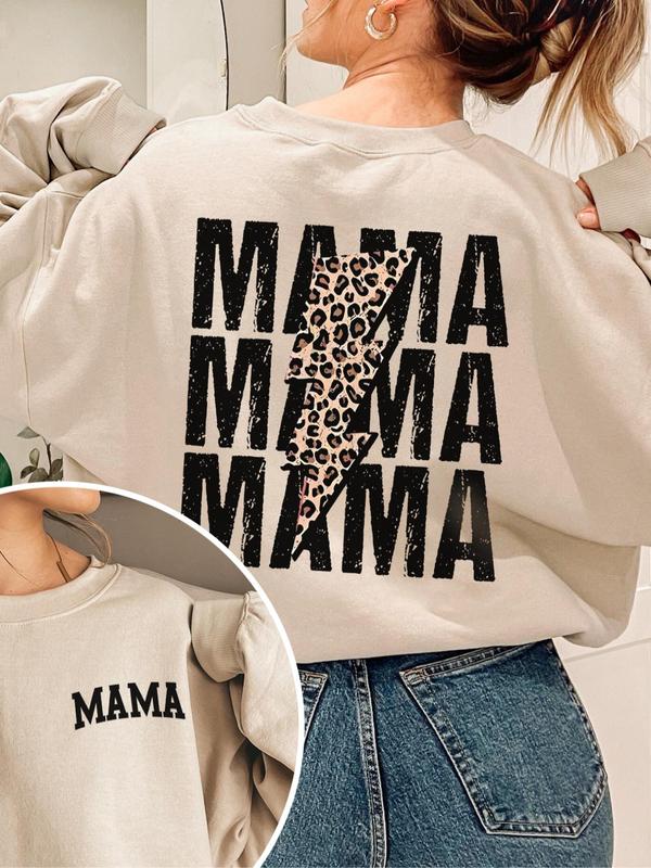 Women's Letter & Leopard Lightning Print Crew Neck Sweatshirt, Casual Drop Shoulder Long Sleeve Pullover, Women's Fall & Winter Clothes for Daily Wear