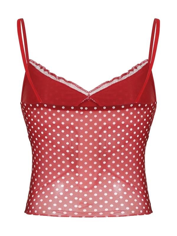 Women's Polka Dot Print Frill Trim Bow Decor V Neck Crop Cami Top, Lady Casual Fashion Backless Sleeveless Spaghetti Strap Top for Summer, Ladies Clothes for Dating Daily Wear, Womenswear