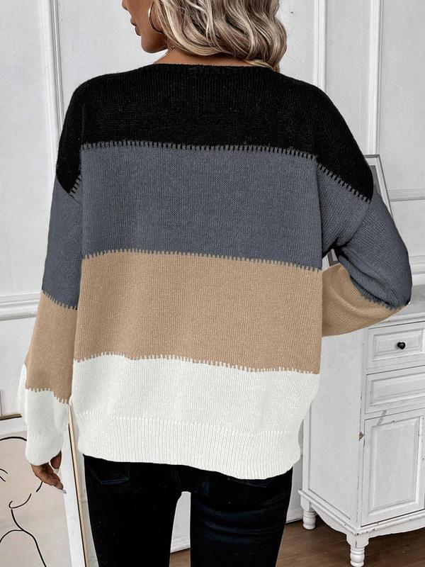 Women's Colorblock Striped Print Drop Shoulder Sweater, Casual Long Sleeve Round Neck Jumper for Daily Outdoor Wear, Ladies Knitwear for All Seasons