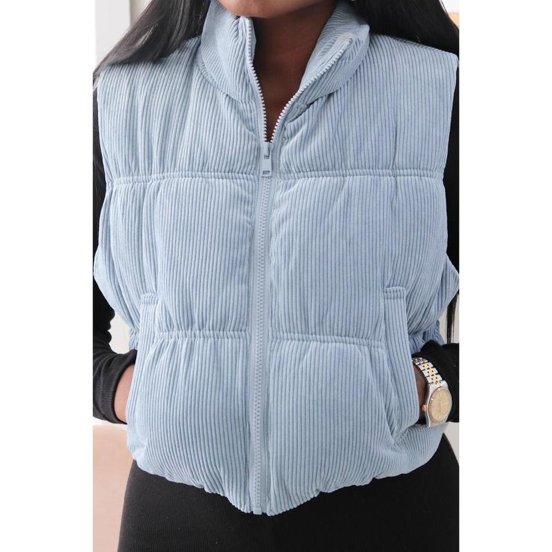 Autumn Zip-Up Front Pocket Sleeveless Stand-Up Collar Puffer Vest coat outwear