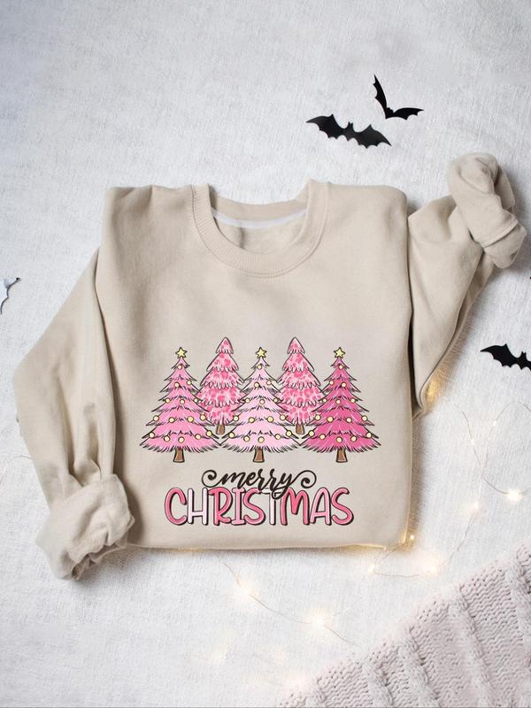 Women's Christmas Tree Print Crew Neck Thermal Lined Sweatshirt, Casual Drop Shoulder Long Sleeve Pullover, Women's Fall & Winter Clothes for Daily Wear