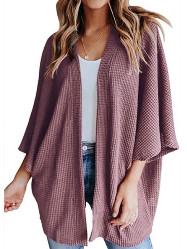  Solid Textured Batwing Sleeve Open Front Cardigan, Casual 3 4 Sleeve Outerwear for Daily Wear, Women's Clothing for All Seasons