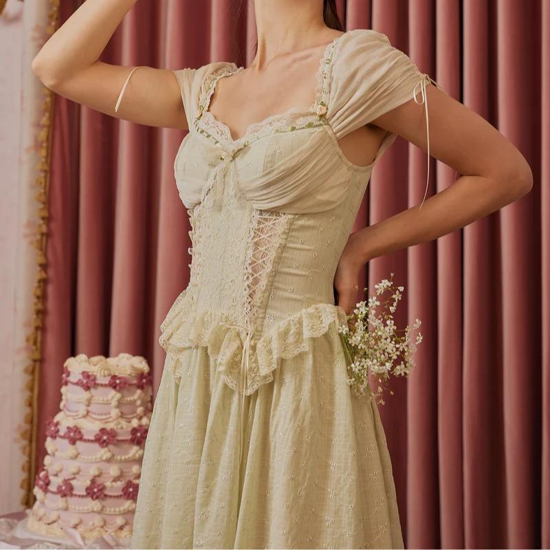 Gardenia Mambo Corset Dress-Women Dress Bishop Sleeve Sweetheart Neck A-Line Vacation Princess Party