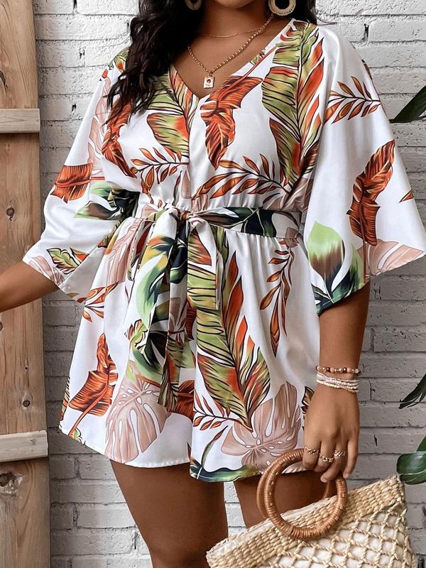 Plus Size All Over Leaf Print Belted Tie Front Romper, Vacation Clothes, Casual V Neck Batwing Sleeve Romper for Beach Vacation Holiday, Women's Clothes for Summer