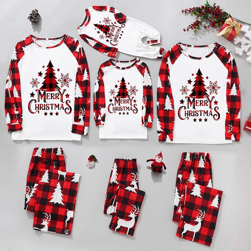 Matching Christmas Pajamas For Family, Long Sleeve Round Neck Tree Print Tops+ Trousers Suit  Infants Romper