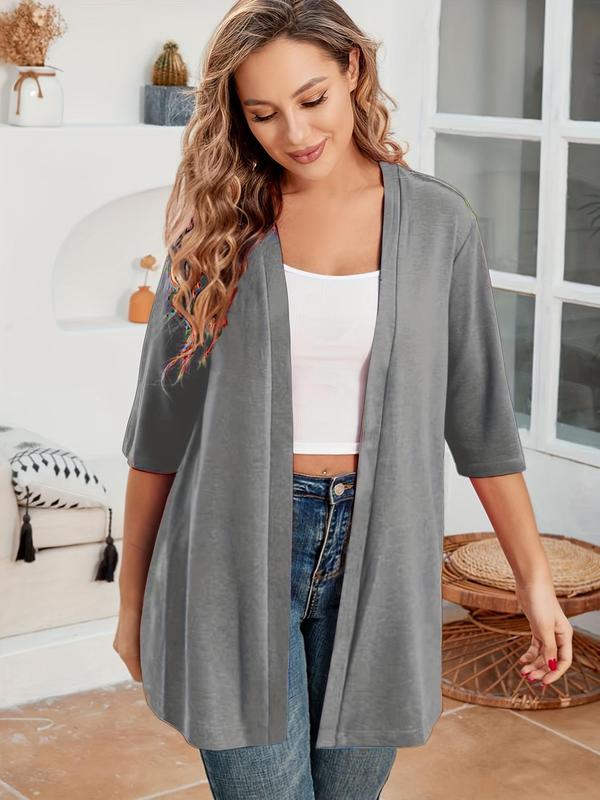 Plus Size Women's Solid Color Drop Shoulder Open Front Cardigan, Plus Casual Fashionable Half Sleeve Outerwear for Daily Outdoor Wear, Women Plus Clothing for All Seasons, Plus Size Women's Clothing