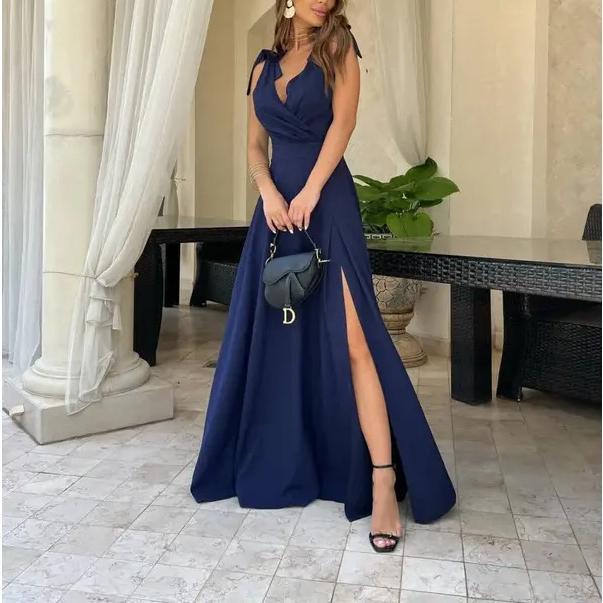 Elegant Sleeveless Pleated Dress 2024 Summer Casual New Fashion Evening Party Sexy V-neck Long Off Shoulder Women's Prom Dresses shift dresses