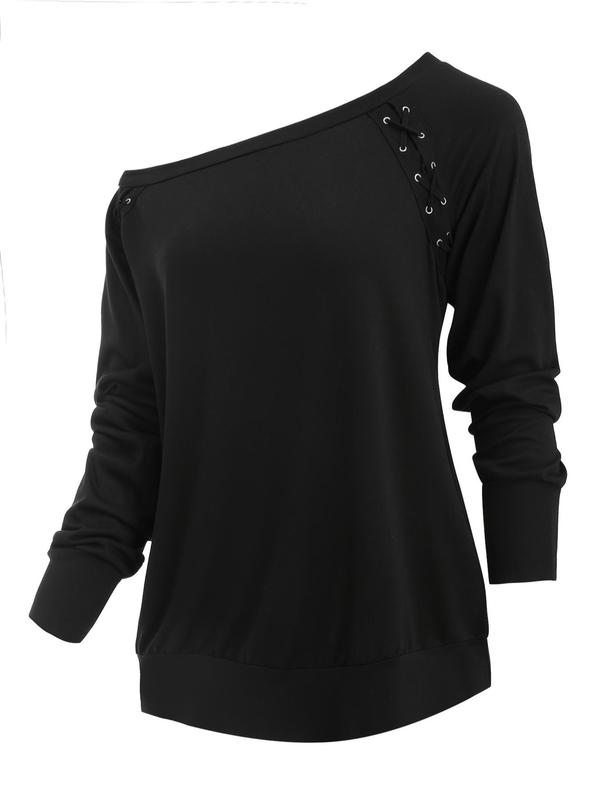 Women's Plain Lace Up Grommet Eyelet Raglan Sleeve Pullover, Casual Asymmetrical Neck Long Sleeve Sweatshirt for Fall & Winter, Women's Clothes for Daily Wear