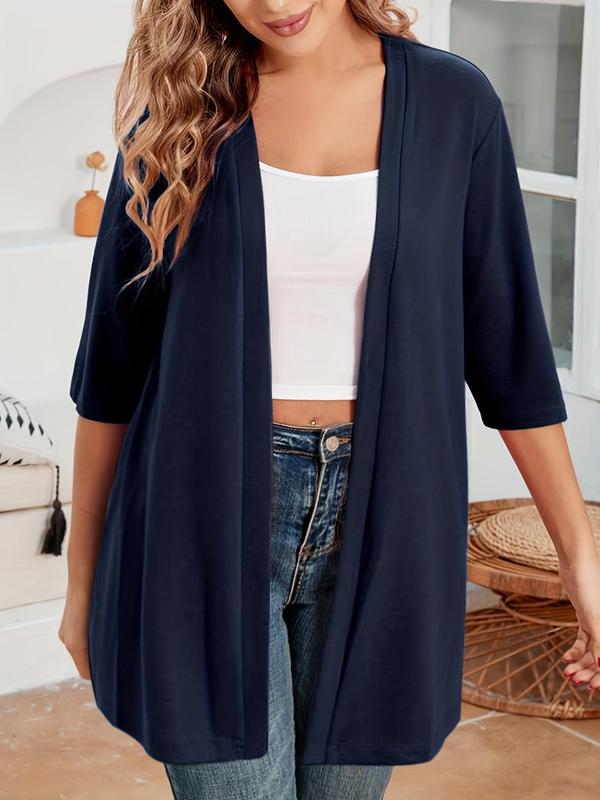 Plus Size Women's Solid Color Drop Shoulder Open Front Cardigan, Plus Casual Fashionable Half Sleeve Outerwear for Daily Outdoor Wear, Women Plus Clothing for All Seasons, Plus Size Women's Clothing