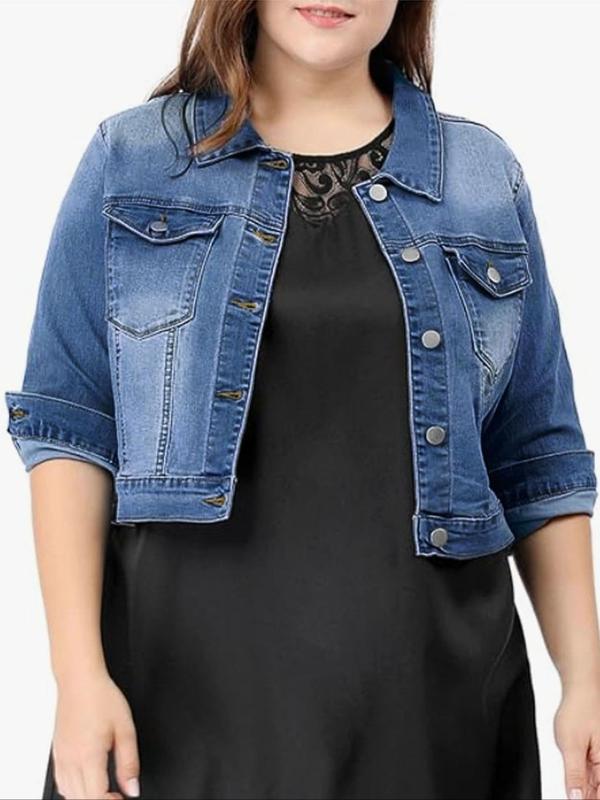 Plus Size Faded Button Front Pocket Denim Jacket, Casual Tops, Long Sleeve Collared Outerwear, Women's Plus Size Clothing for Daily Wear, Fall Outfits, Fallfreshness, Winter Clothes Women