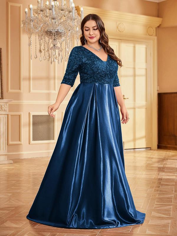  Contrast Sequin Deep V Neck Satin Party Dress, Elegant Half Sleeve A Line Dress for Wedding Guest, Elegant Formal Dresses, Women's Clothes for All Seasons