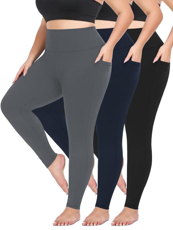  Women's Solid Pocket High Waist Leggings, Basic Minimalist Casual Stretchy Comfort Wide Waistband Skinny Leggings for Women, Summer Clothes for Women, Plus Size Leggings for Women