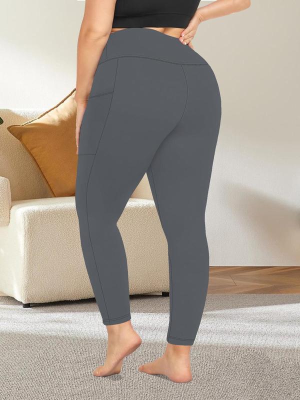  Women's Solid Pocket High Waist Leggings, Basic Minimalist Casual Stretchy Comfort Wide Waistband Skinny Leggings for Women, Summer Clothes for Women, Plus Size Leggings for Women