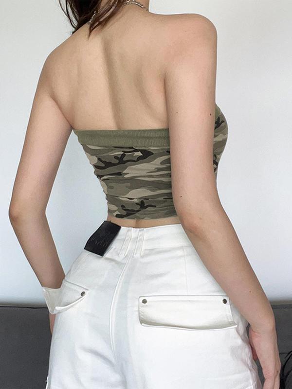 Women's Camo Print Tie Front Drawstring Crop Tube Top, Casual Street Sleeveless Top for Summer, Women's Clothing for Daily Wear