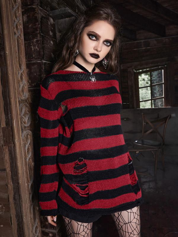 ROMWE Goth Women's Striped Distressed Sweater Pullover