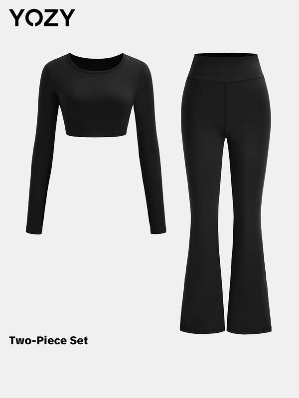 YOZY Two-Piece Set Women's Plain Thumb Hole Crop Tee & High Waist Flare Leg Skinny Pants, Casual Fashion Cozy Round Neck Long Sleeve Top & Bell Bottom Leggings for Daily Outdoor Wear, Ladies Clothes for All Seasons