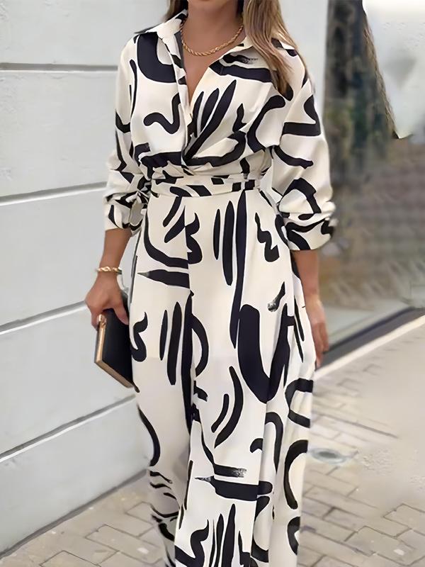 Women's All Over Print Button Front Belted Wide Leg Jumpsuit, Elegant Long Sleeve Collared Jumpsuit for Fall, Ladies Clothes for Daily Wear