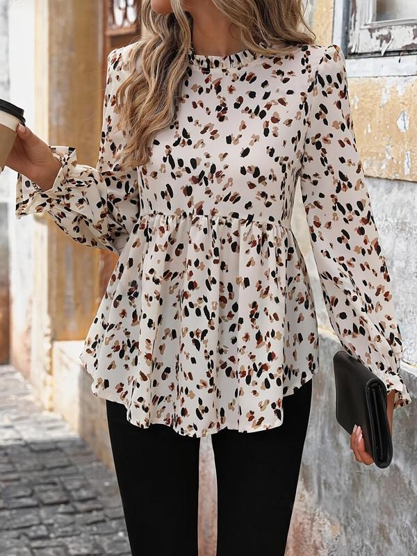 Women's Ditsy Floral Print Frill Trim Blouse, Casual Button Flounce Sleeve Top for Spring & Fall, Women's Clothing for Daily Wear