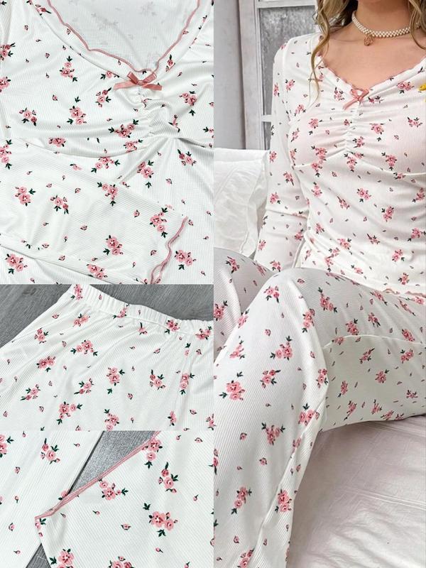 Two-Piece Set Women's Ditsy Floral Print Bow Front Lettuce Trim Pajama, Casual Comfy Ruched V Neck Long Sleeve Top & Pants PJ Set, Ladies Sleepwear for Spring & Fall