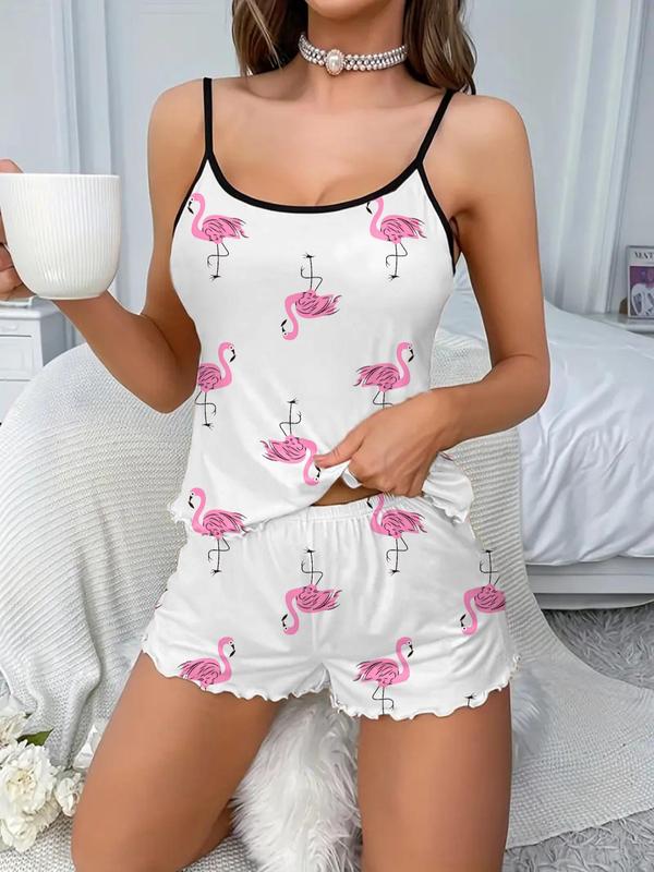 2 Counts Women's Cartoon Pumpkin Skull Print Contrast Binding Cami Top & Lettuce Trim Shorts Pyjama Set, Summer Wear 2024, Cute Comfort Camisole & Shorts Pj Set, Girly Night Clothes