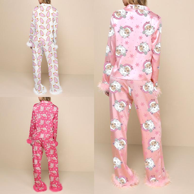 Women Christmas Pajamas Lounge Set Santa Christmas Tree Boots Print Shirts Tops and Pants 2 Piece Loungewear Outfits