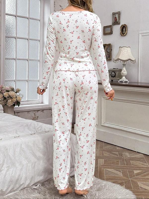 Two-Piece Set Women's Ditsy Floral Print Bow Front Lettuce Trim Pajama, Casual Comfy Ruched V Neck Long Sleeve Top & Pants PJ Set, Ladies Sleepwear for Spring & Fall