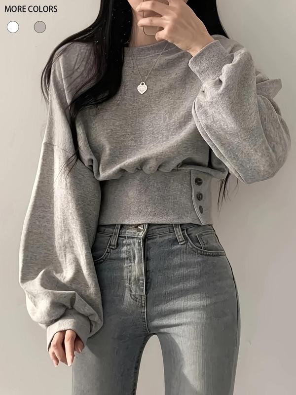 Women's Plain Button Decor Flounce Sleeve Pullover Sweater, Y2K Casual Long Sleeve Crew Neck Jumper for Spring & Fall, Fashion Women's Knitwear for Daily Wear