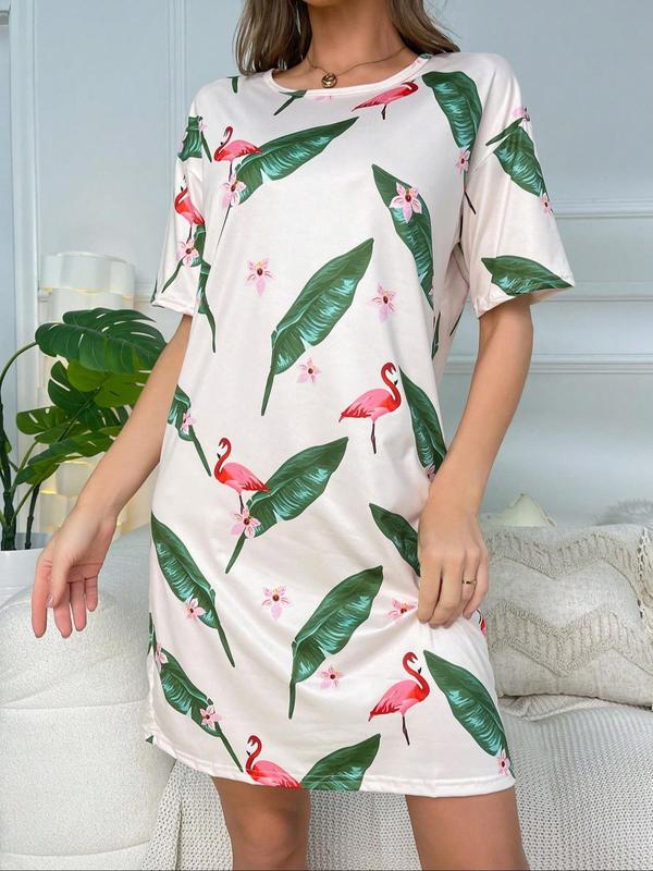 Women's Flamingo & Leaf Print Nightdress, Casual Soft Comfortable Short Sleeve Round Neck Nightgown for All Seasons, Ladies Sleepwear for Home Wear