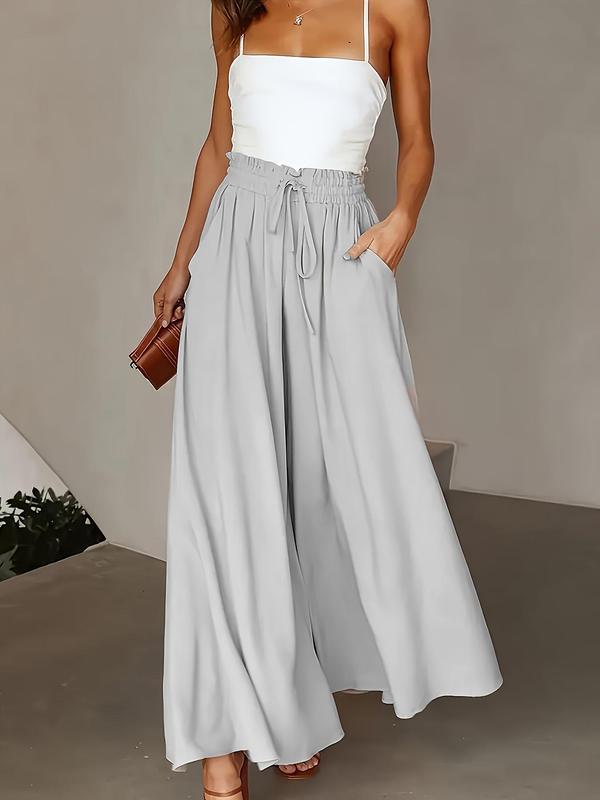  Solid Drawstring Waist Wide Leg Pants, Elegant Pocket Tie Front Trousers for Work Office Business, Pants for Women, Women's Bottoms for Fall & Winter, Fall Outfits, Fallfreshness