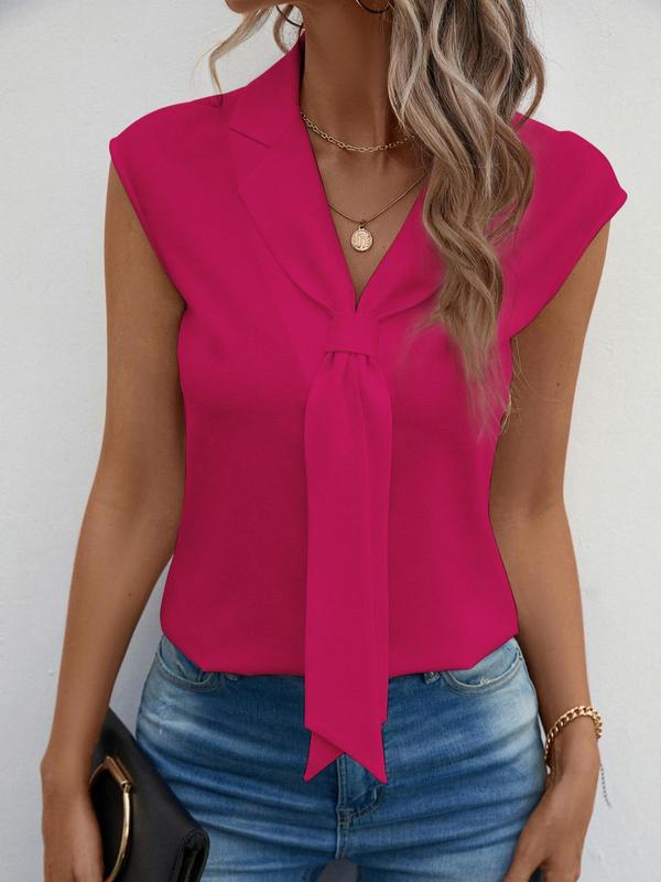 Women's Solid Bow Tie Lapel Neck Drop Shoulder Blouse, Casual Cap Sleeve Top for Summer, Ladies Clothes for Daily Wear, Vacation Clothes