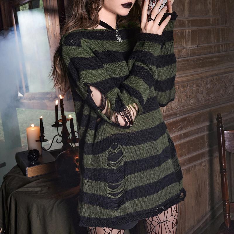 ROMWE Goth Women's Striped Distressed Sweater Pullover