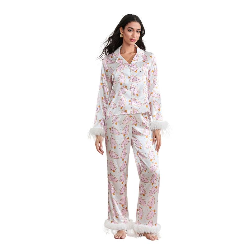 Women Christmas Pajamas Lounge Set Santa Christmas Tree Boots Print Shirts Tops and Pants 2 Piece Loungewear Outfits