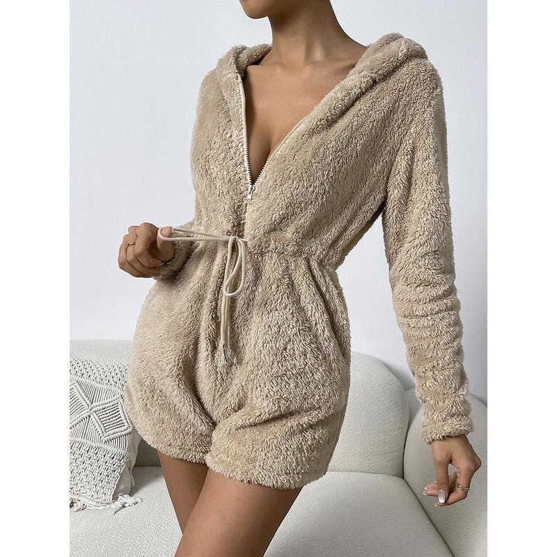 Women Fuzzy Rompers Casual Solid Color Zipper Plush Jumpsuit Trendy Drawstring Long Sleeve Bodysuit Loungewear,S M L XL