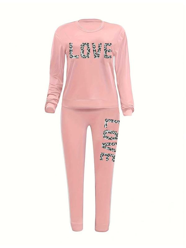  Leopard Letter Print Tracksuit Set, Long Sleeve Round Neck Pullover & Elastic Waist Side Striped Pants, Women's Sportswear for Indoor Outdoor Wear