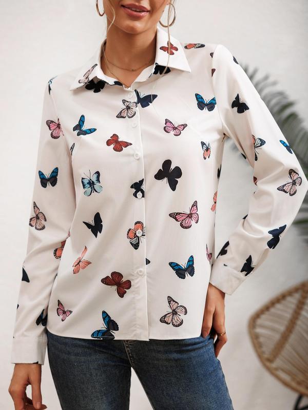 Women's Butterfly Print Button Front Shirt, Casual Long Sleeve Collared Top for Daily Wear, Ladies Clothes for All Seasons