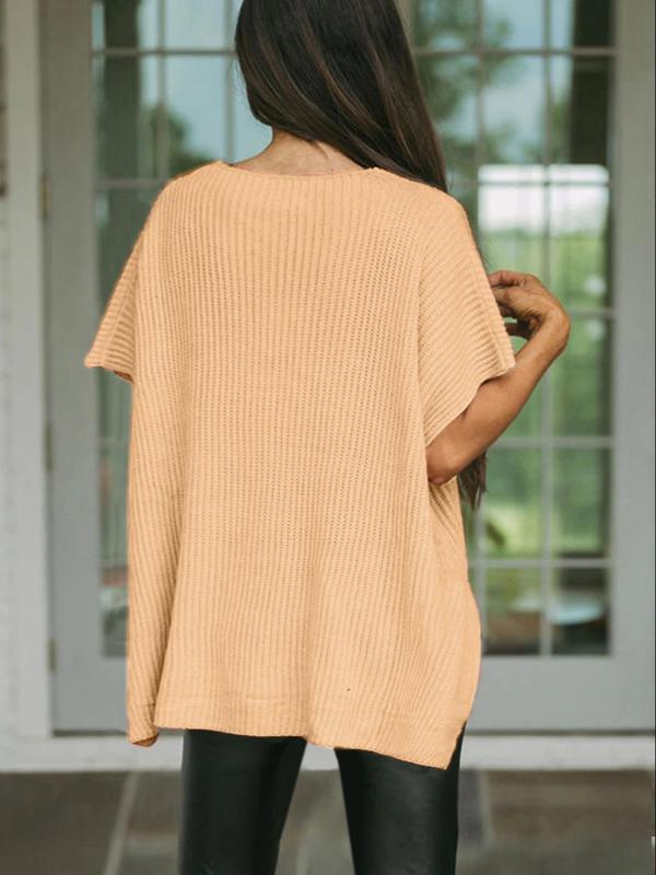 Women's Plain Textured Split Hem Batwing Sleeve Knit Top, Casual Short Sleeve Round Neck Knitwear for Summer,  Women's Sweaters,  Sweaters for Women, Fashion Women's Knit Clothing for Daily Wear