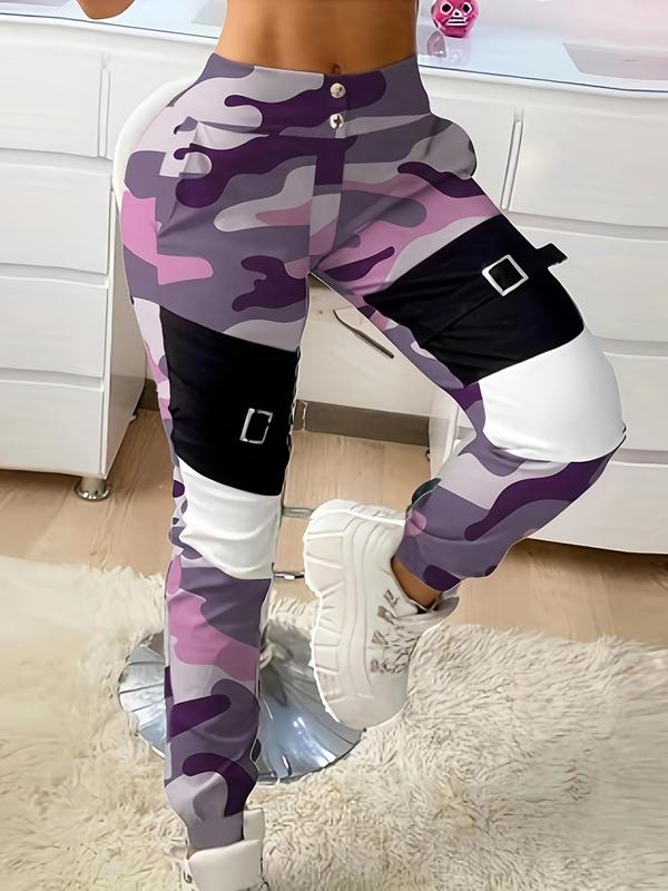 Women's Camo Print Fake Buttons High Waist Pants, Casual Adjustable Strap Trousers for Daily Wear, Fall Pants for Women, Ladies Bottoms for Fall, Fall Outfits, Fallfreshness Clothes, Comfy Pants, Downtown Girl Clothes