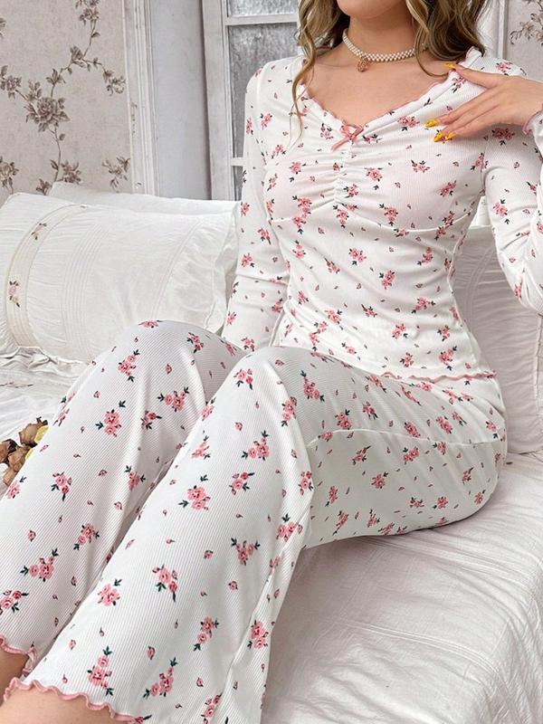 Two-Piece Set Women's Ditsy Floral Print Bow Front Lettuce Trim Pajama, Casual Comfy Ruched V Neck Long Sleeve Top & Pants PJ Set, Ladies Sleepwear for Spring & Fall