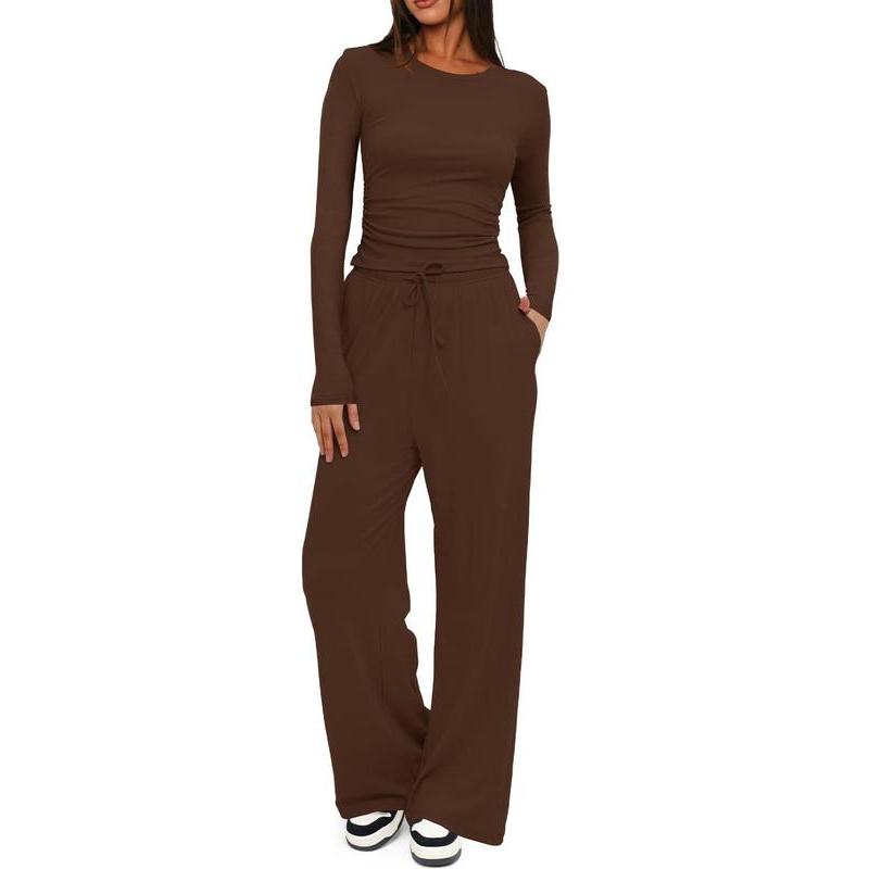 Two-piece Set Women's Solid Ruched Tee & Drawstring Pocket Pants Lounge Set, Casual Long Sleeve T-shirt & Elastic Waist Trousers, Ladies Sleepwear for All Seasons Loungewear Pajama