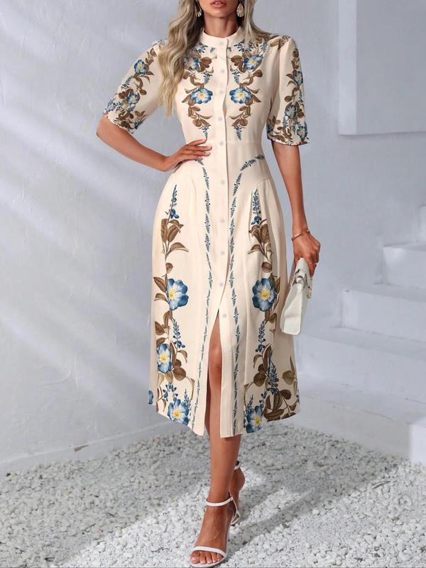 Women's Floral Print Button Front Vintage Dress, Elegant Stand Collar Puff Sleeve A Line Dress, Ladies Clothes For Vacation Holiday Wedding Guest