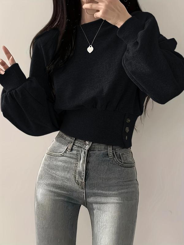 Women's Plain Button Decor Flounce Sleeve Pullover Sweater, Y2K Casual Long Sleeve Crew Neck Jumper for Spring & Fall, Fashion Women's Knitwear for Daily Wear