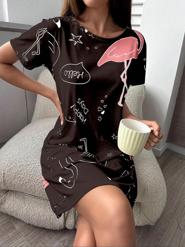 Women's Flamingo & Leaf Print Nightdress, Casual Soft Comfortable Short Sleeve Round Neck Nightgown for All Seasons, Ladies Sleepwear for Home Wear