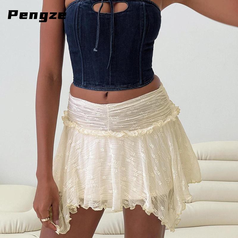 Women's Mini Skirts Lace Ruched High Waist Skirts Spring Summer Irregular Hem Casual Skirts