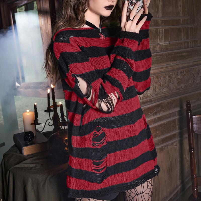 ROMWE Goth Women's Striped Distressed Sweater Pullover